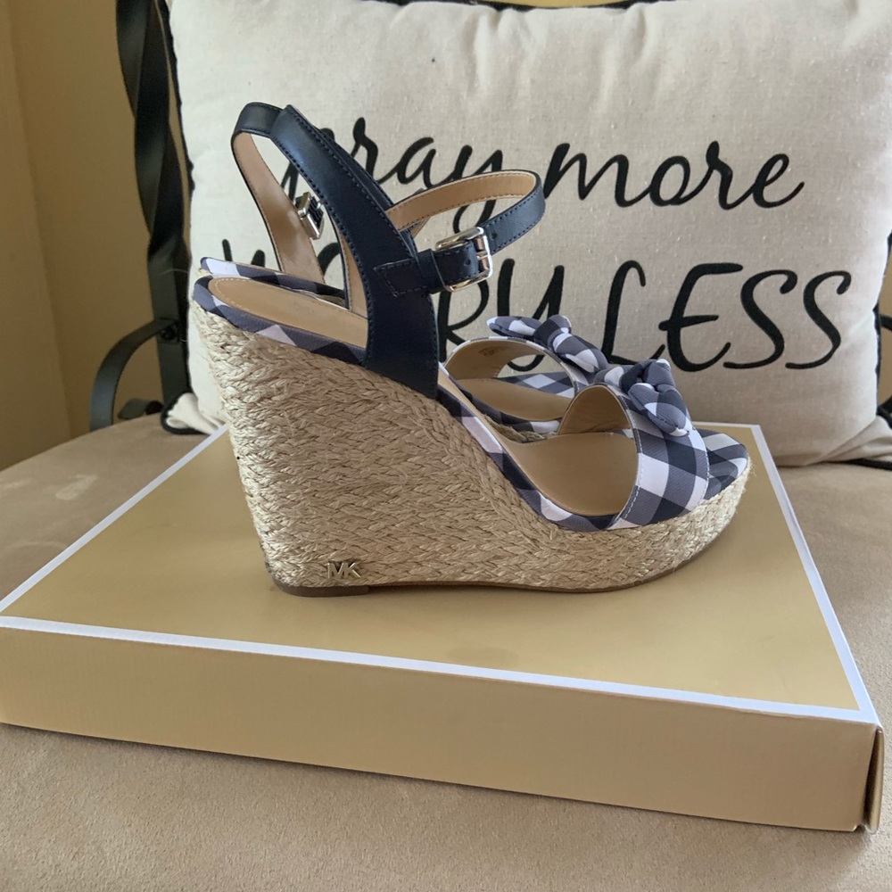 Michael Kors Navy and White Checkered Wedges